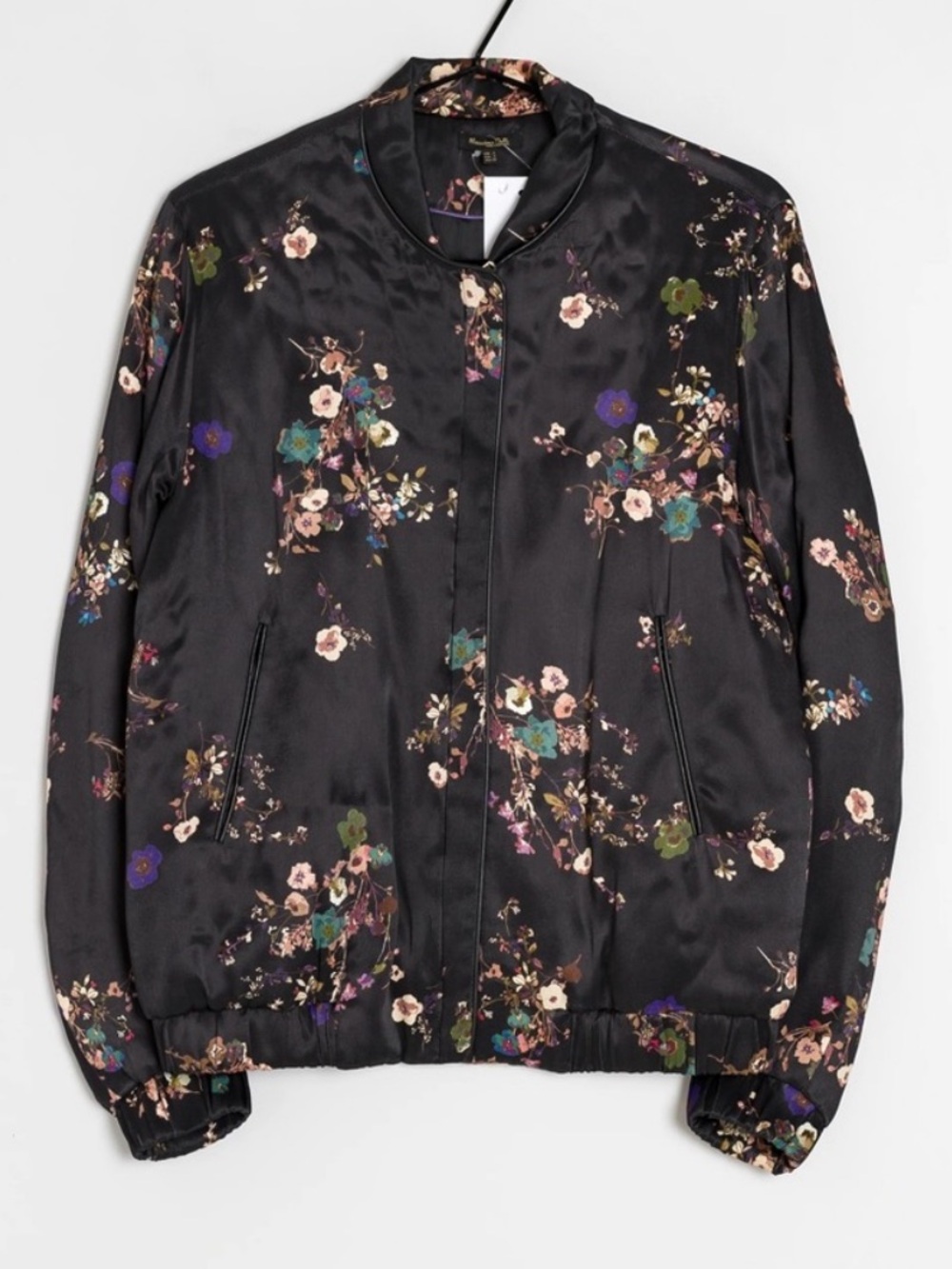 Massimo Dutti Floral Multicolor Black Satin Bomber Jacket size XS